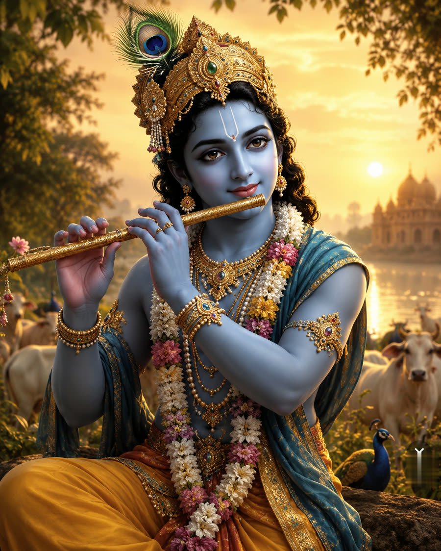 Lord Krishna playing the flute at sunrise